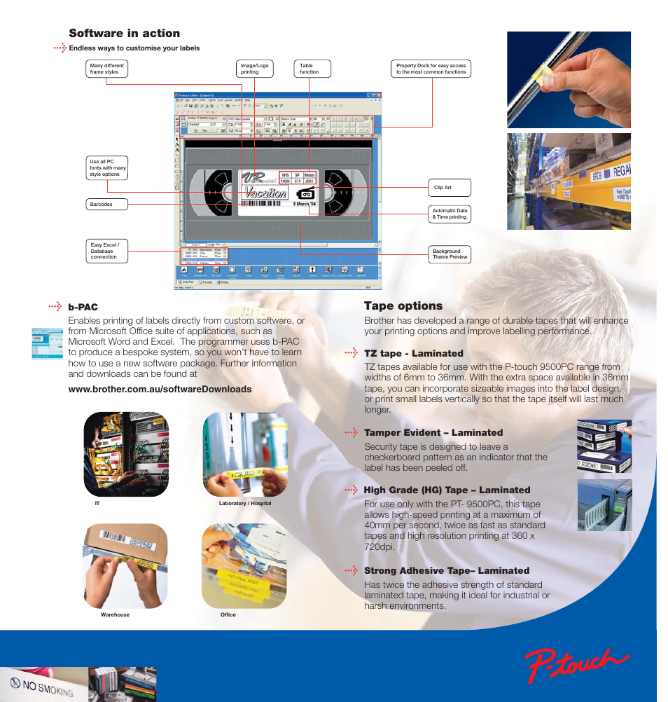 Software in action, Tape options | StarTech.com P-Touch 9500PC User Manual | Page 3 / 4