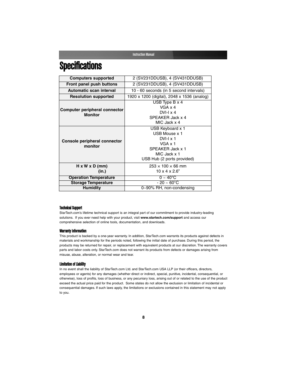 Ssppeecciiffiiccaattiioonnss | StarTech.com SV231DDUSB User Manual | Page 11 / 12