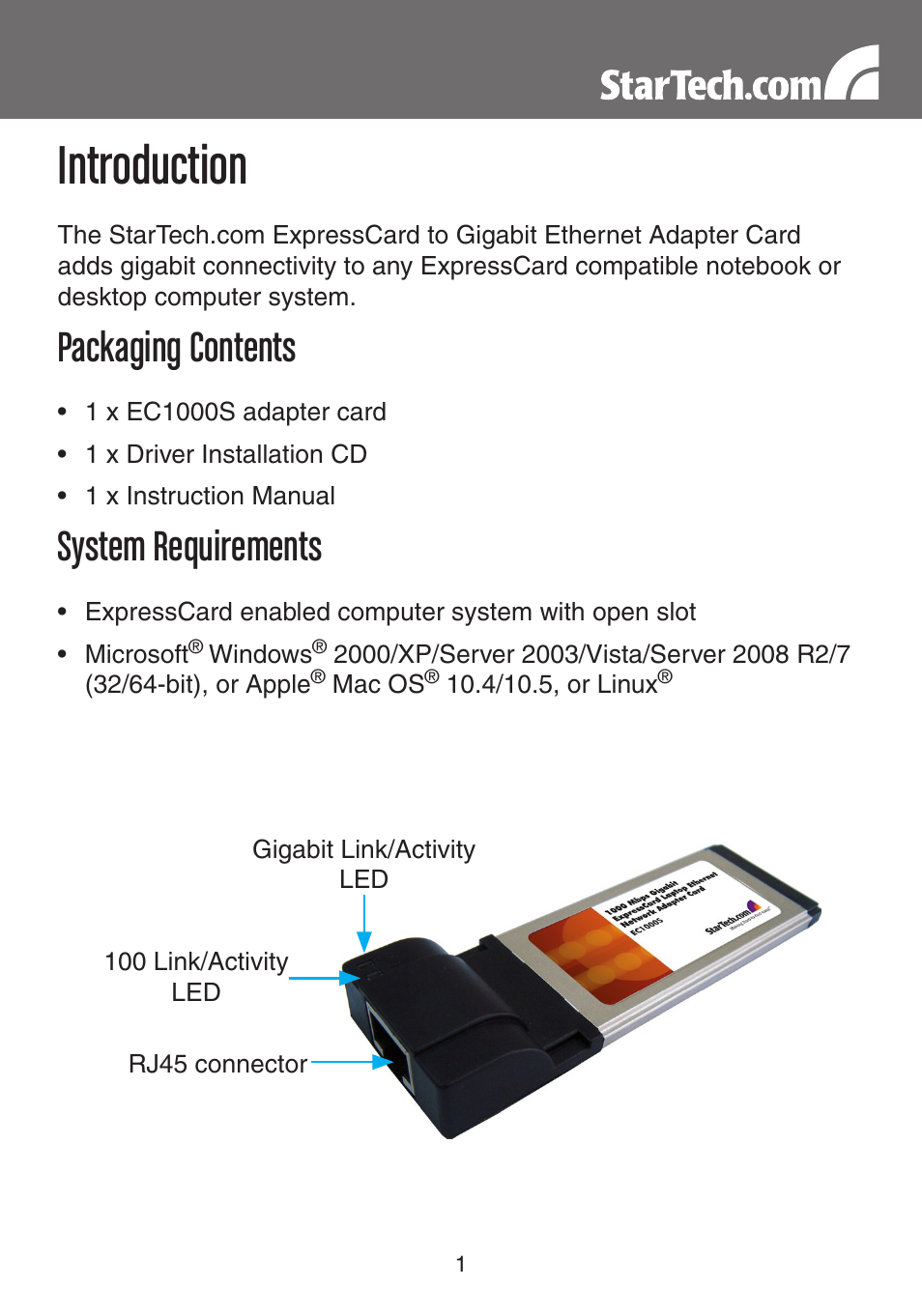 Introduction, Packaging contents, System requirements | StarTech.com EC1000S User Manual | Page 4 / 9