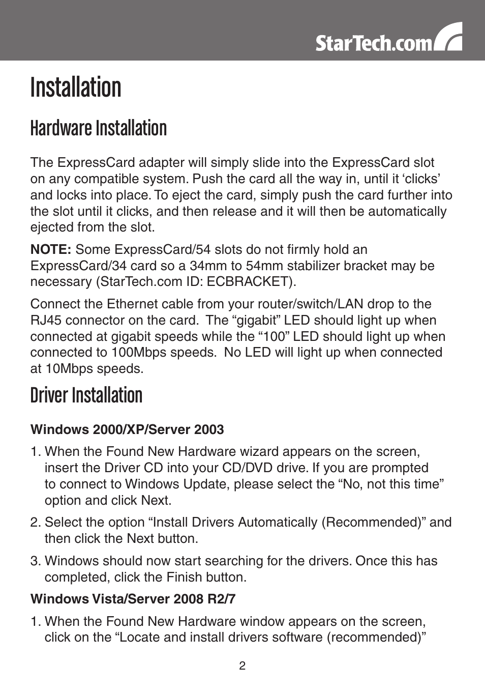 Installation, Hardware installation, Driver installation | StarTech.com EC1000S User Manual | Page 5 / 9