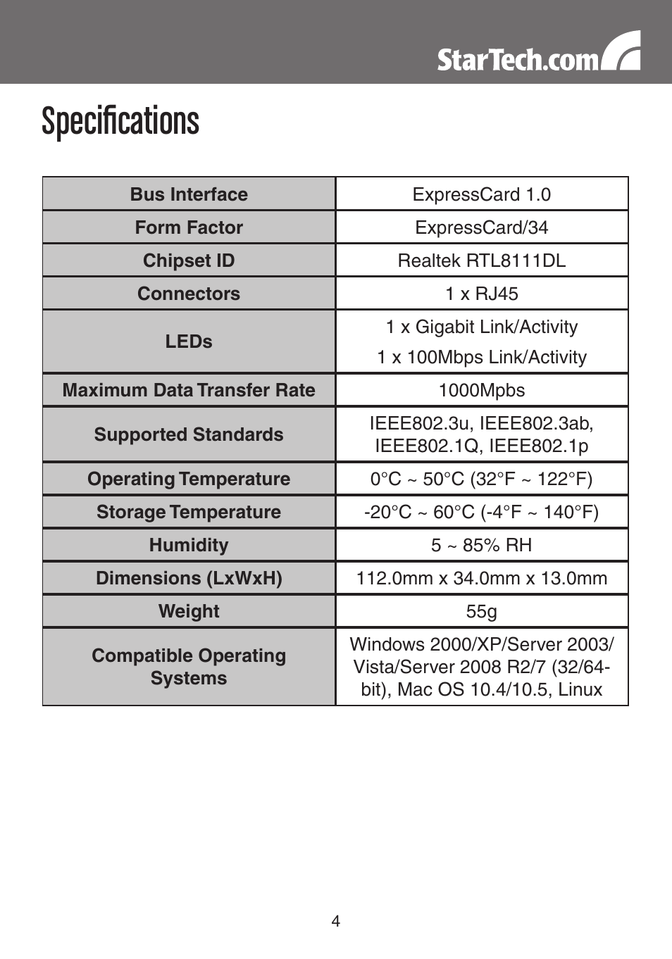 Specifications | StarTech.com EC1000S User Manual | Page 7 / 9