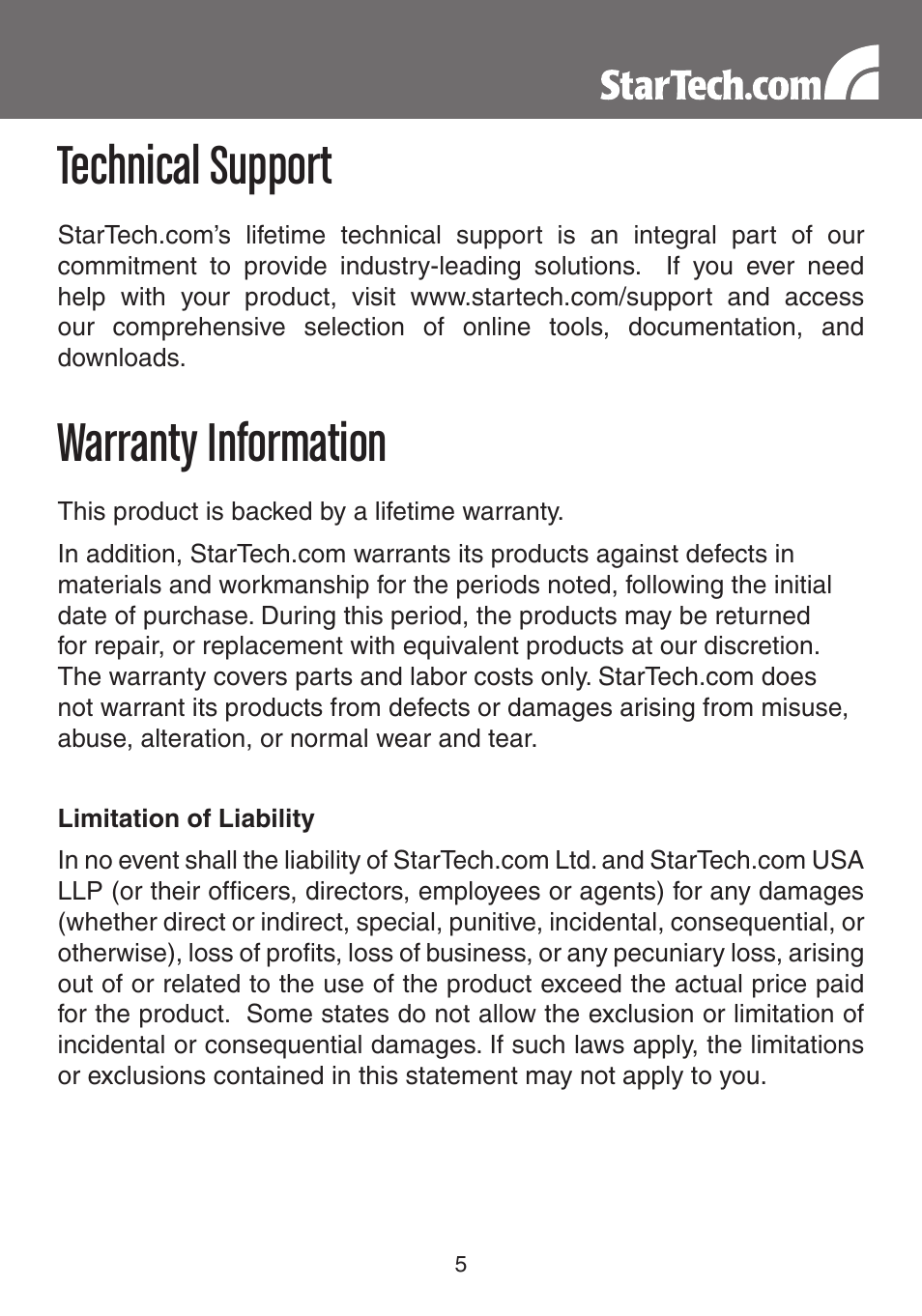 Technical support, Warranty information | StarTech.com EC1000S User Manual | Page 8 / 9