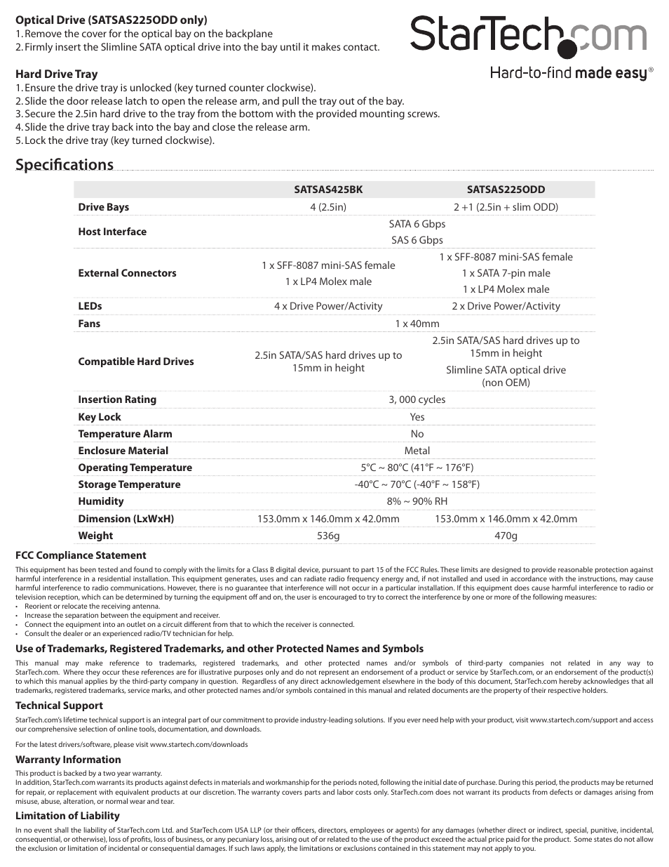 Specifications | StarTech.com SATSAS425BK User Manual | Page 2 / 2