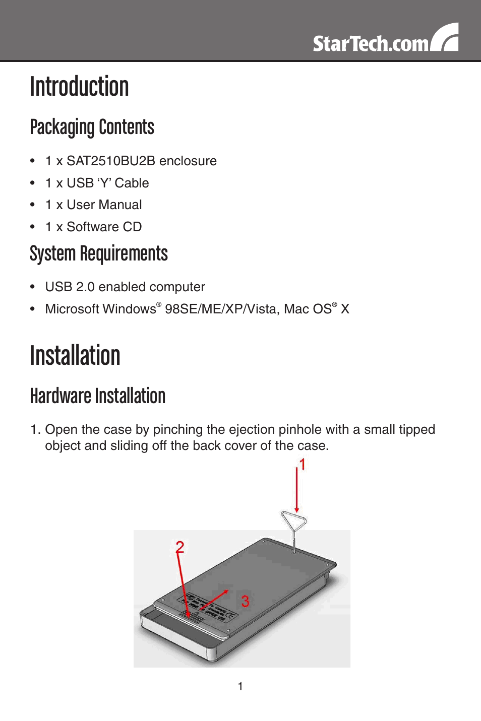 Introduction, Installation, Packaging contents | System requirements, Hardware installation | StarTech.com SAT2510BU2B User Manual | Page 4 / 10