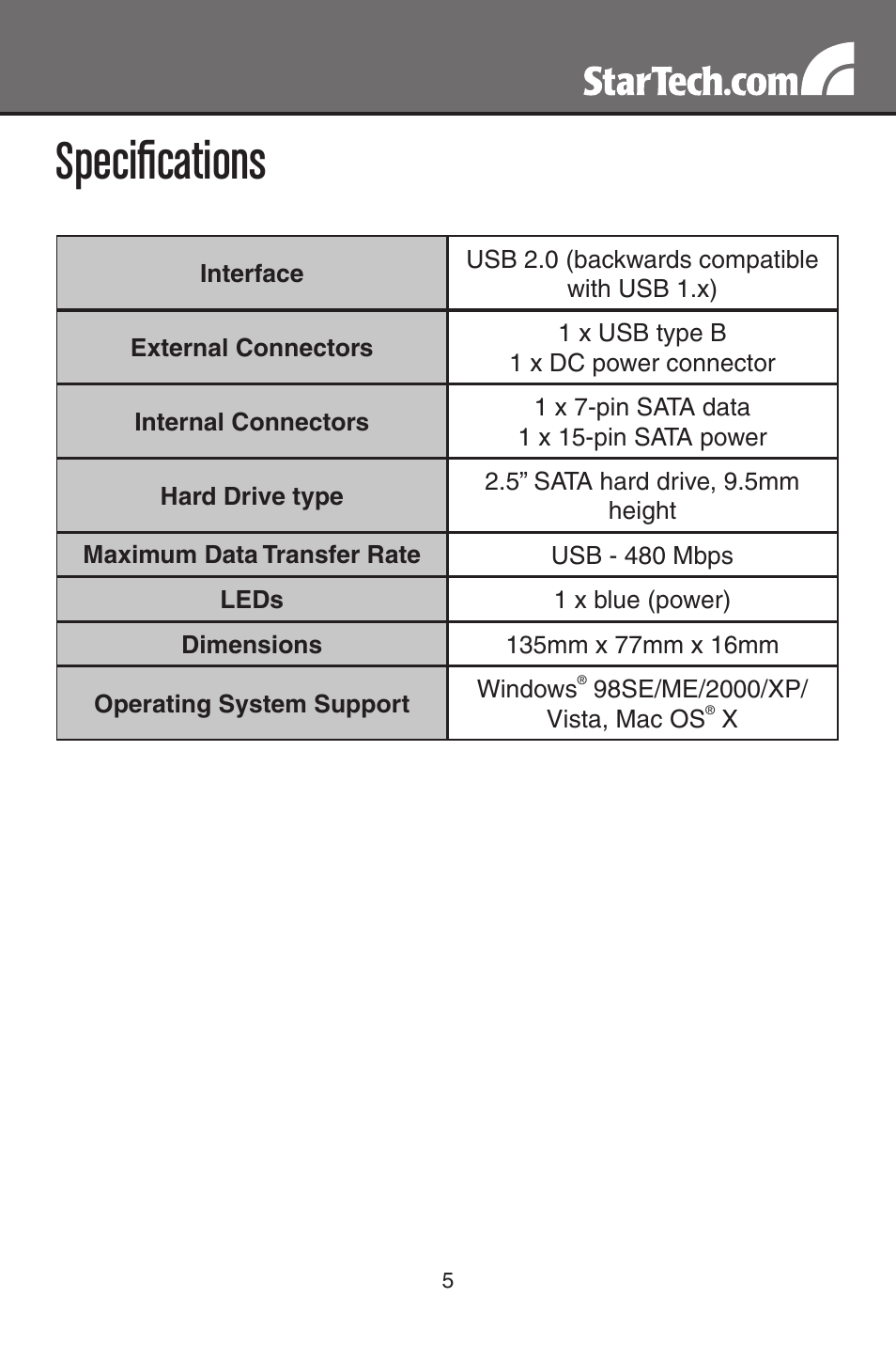 Specifications | StarTech.com SAT2510BU2B User Manual | Page 8 / 10