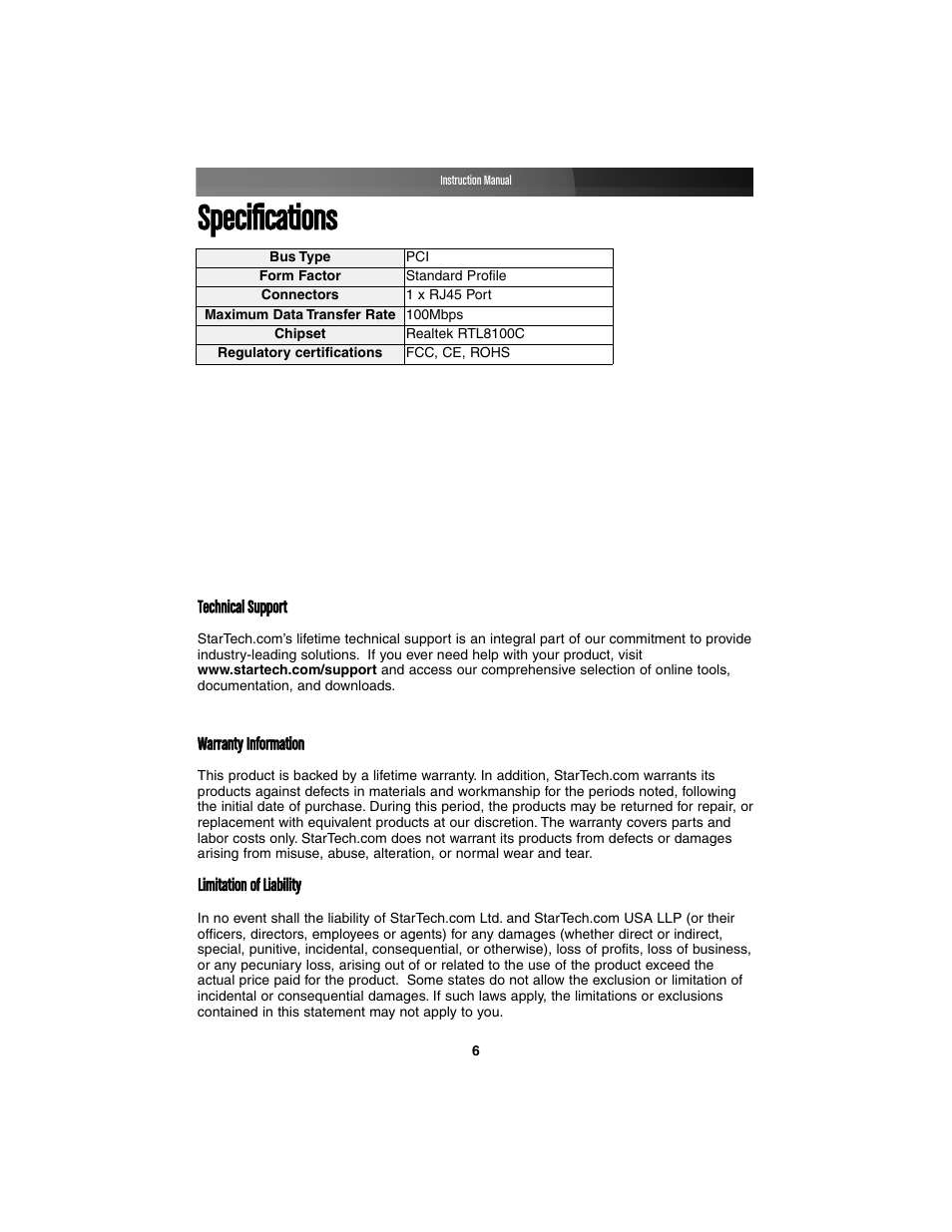 Specifications | StarTech.com ST100S User Manual | Page 9 / 10