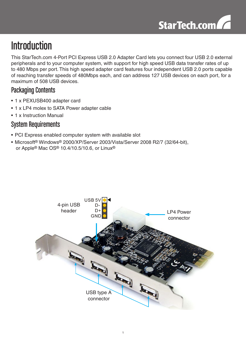 Introduction, Packaging contents, System requirements | StarTech.com PEXUSB400 User Manual | Page 4 / 9