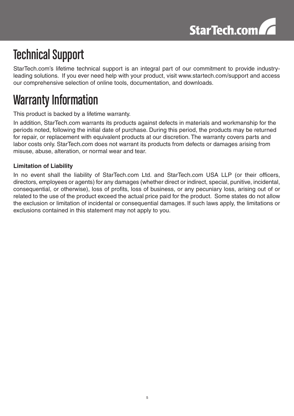 Technical support, Warranty information | StarTech.com PEXUSB400 User Manual | Page 8 / 9