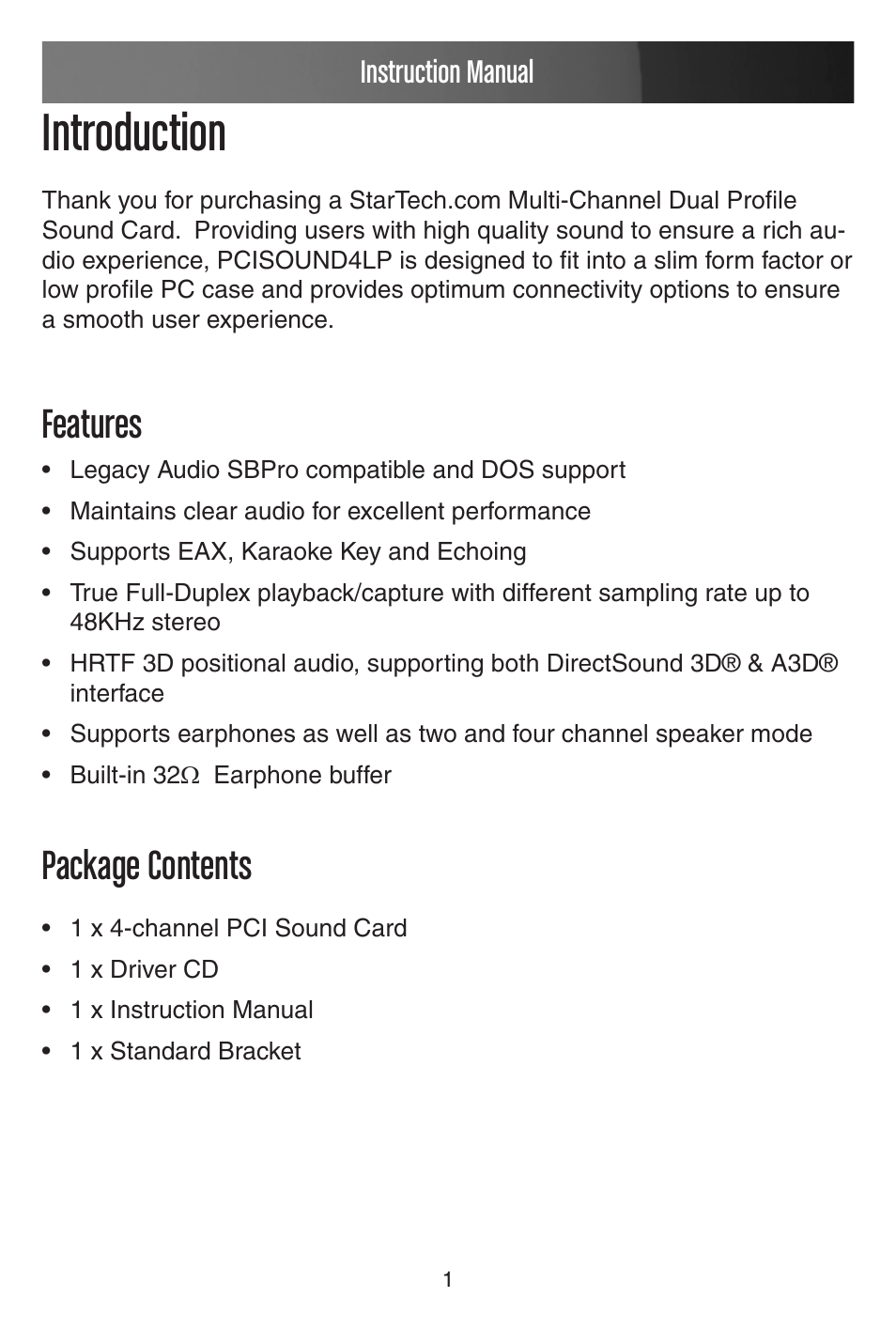 Introduction, Features, Package contents | Instruction manual | StarTech.com PCISOUND4LP User Manual | Page 4 / 10