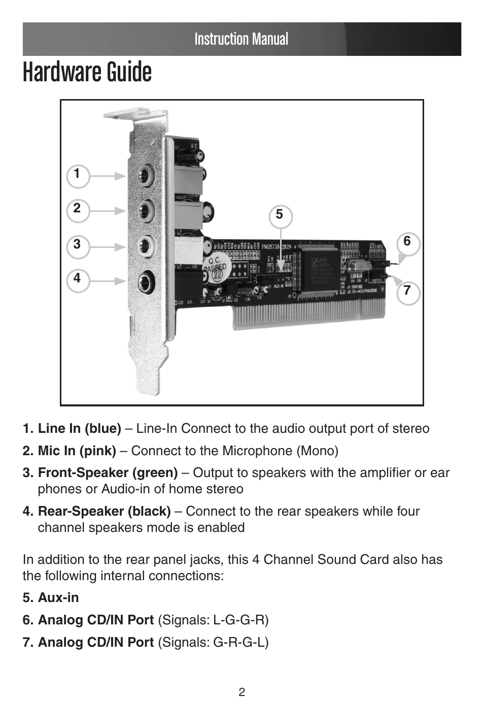 Hardware guide, Instruction manual | StarTech.com PCISOUND4LP User Manual | Page 5 / 10