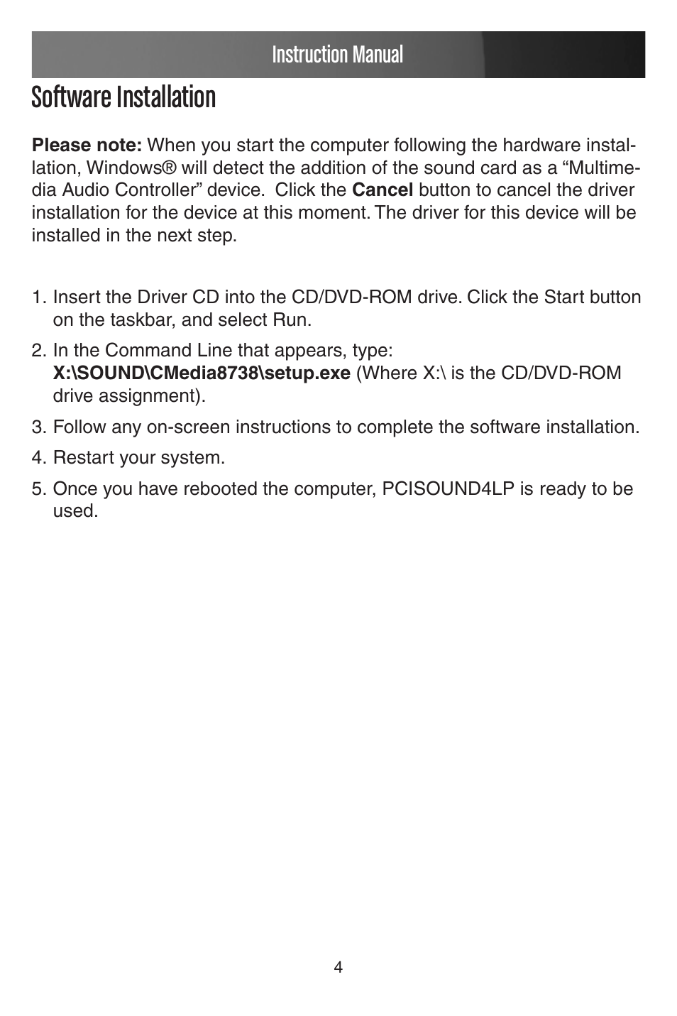 Software installation, Instruction manual | StarTech.com PCISOUND4LP User Manual | Page 7 / 10