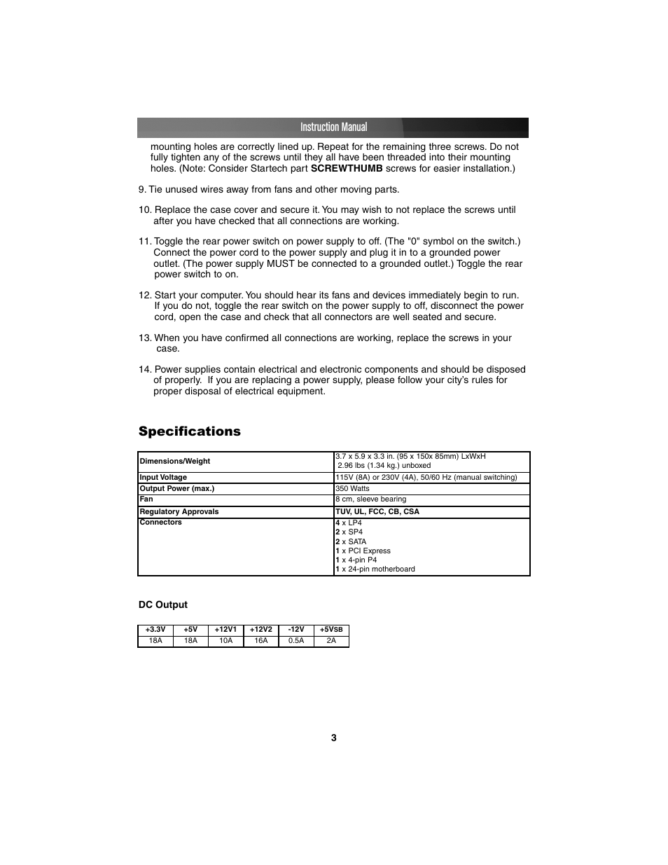 Specifications, Instruction manual | StarTech.com CFXPOWER350 User Manual | Page 6 / 8