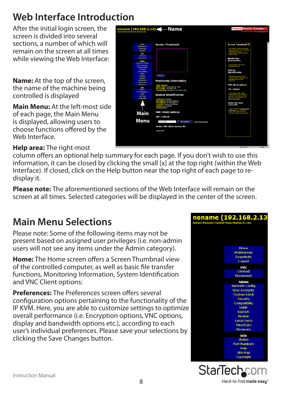 Web interface introduction, Main menu selections | StarTech.com STARVIEW SV441DUSBI User Manual | Page 13 / 52