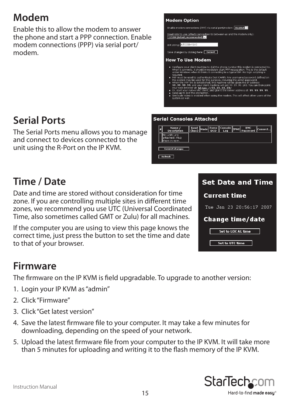 Modem, Serial ports, Time / date | Firmware | StarTech.com STARVIEW SV441DUSBI User Manual | Page 20 / 52