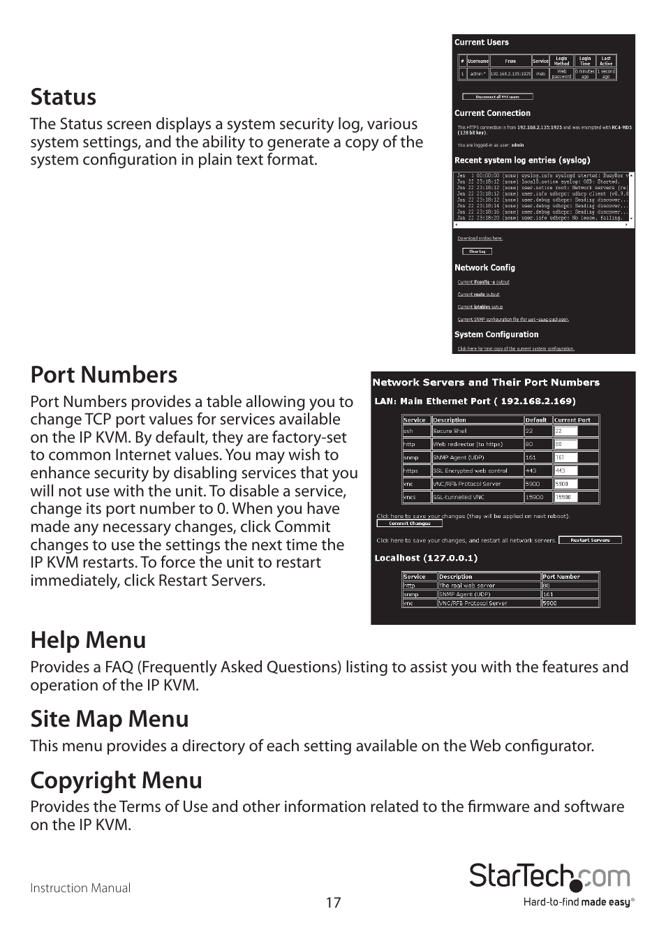 Status, Port numbers, Help menu | Site map menu, Copyright menu | StarTech.com STARVIEW SV441DUSBI User Manual | Page 22 / 52