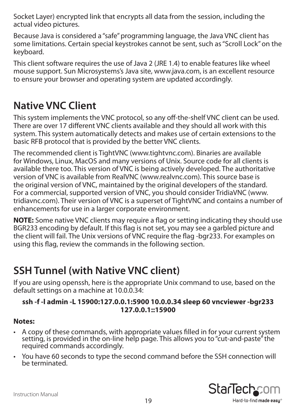 Native vnc client, Ssh tunnel (with native vnc client) | StarTech.com STARVIEW SV441DUSBI User Manual | Page 24 / 52