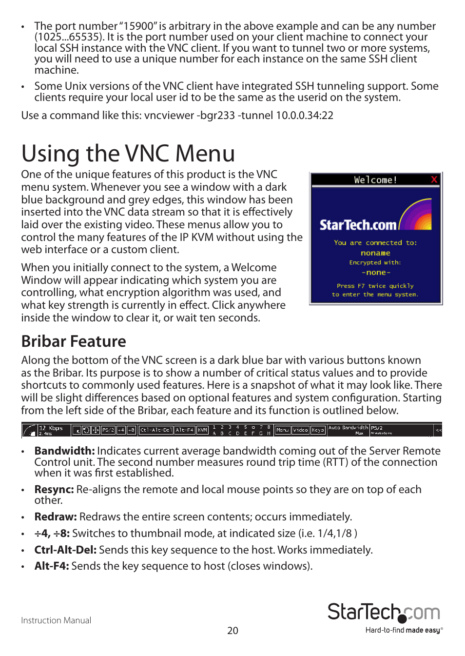 Using the vnc menu, Bribar feature | StarTech.com STARVIEW SV441DUSBI User Manual | Page 25 / 52