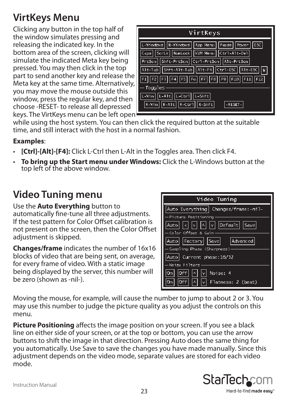 Virtkeys menu, Video tuning menu | StarTech.com STARVIEW SV441DUSBI User Manual | Page 28 / 52
