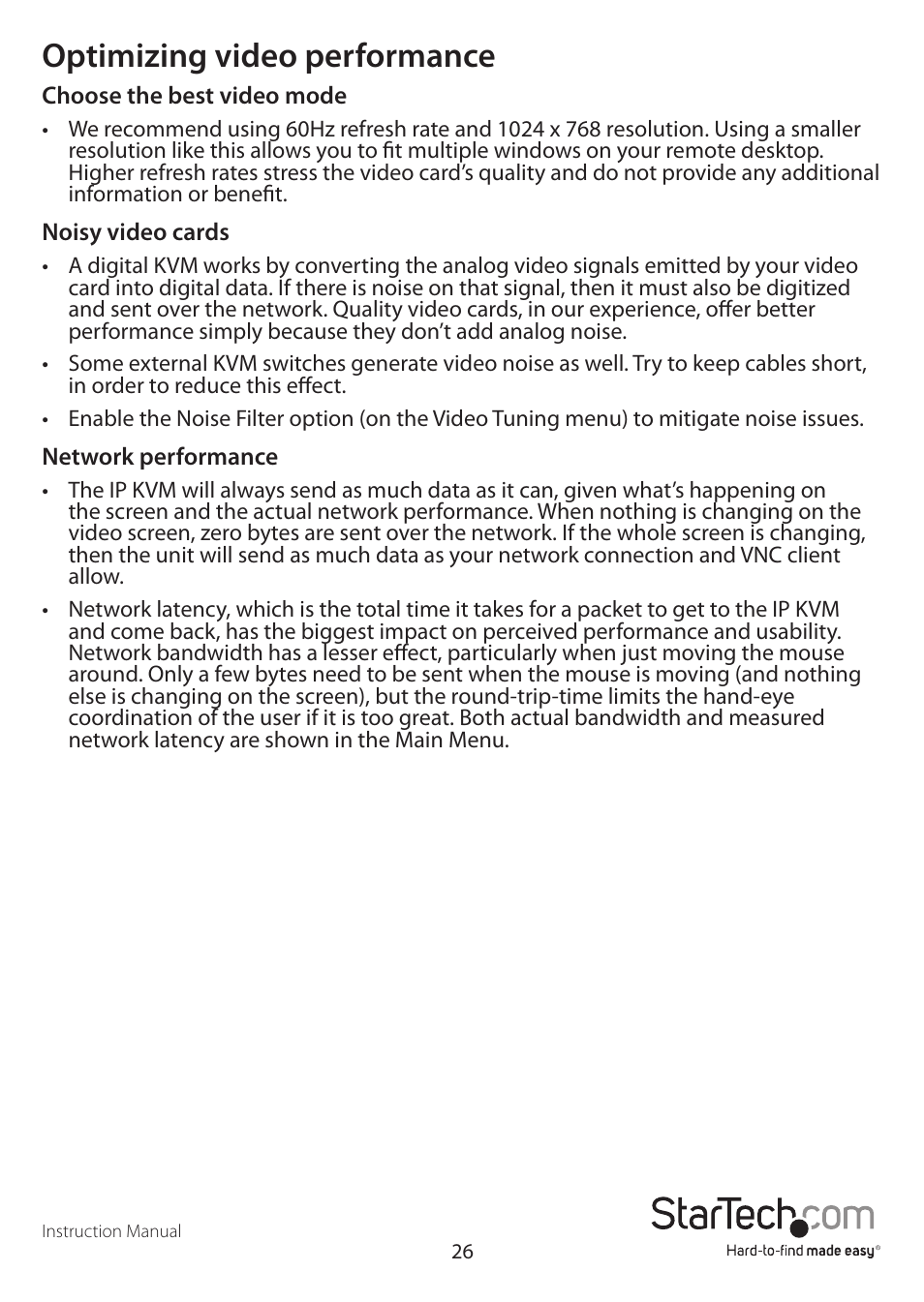 Optimizing video performance | StarTech.com STARVIEW SV441DUSBI User Manual | Page 31 / 52