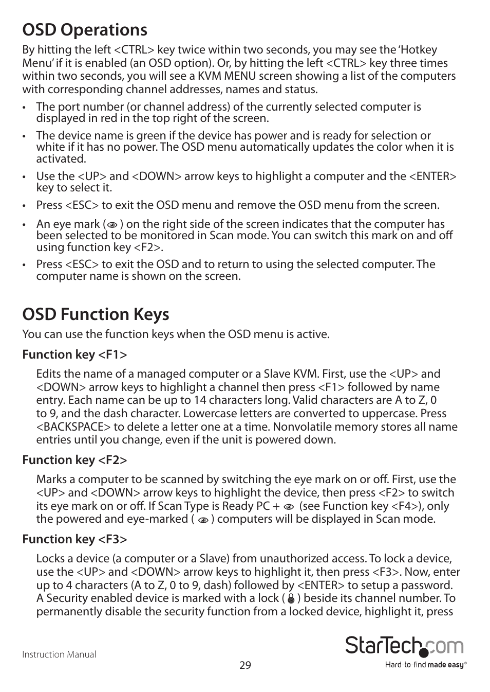Osd operations, Osd function keys | StarTech.com STARVIEW SV441DUSBI User Manual | Page 34 / 52