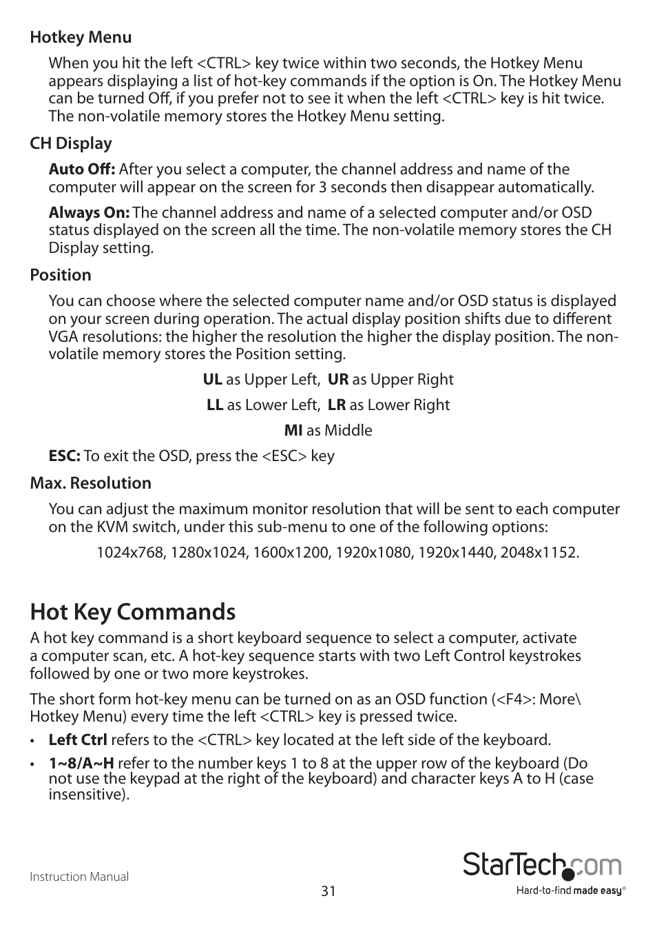 Hot key commands | StarTech.com STARVIEW SV441DUSBI User Manual | Page 36 / 52