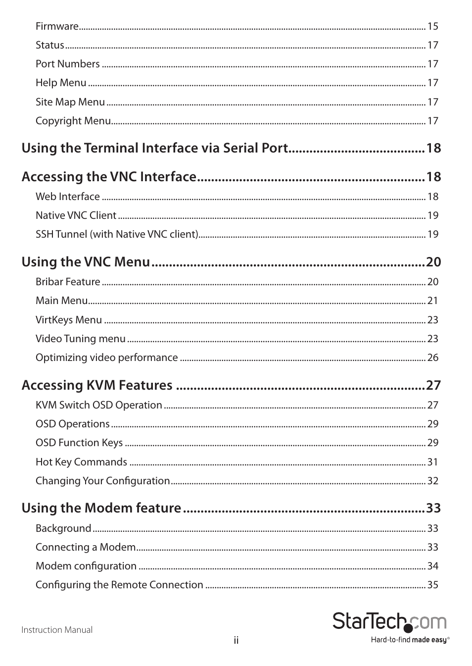 Using the vnc menu, Accessing kvm features, Using the modem feature | StarTech.com STARVIEW SV441DUSBI User Manual | Page 4 / 52