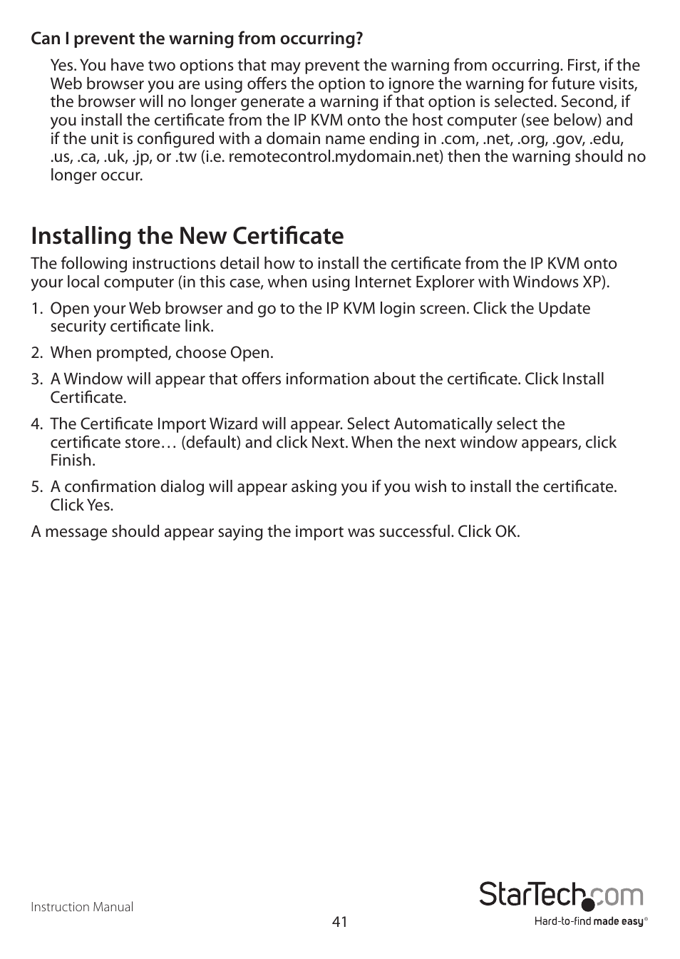 Installing the new certificate | StarTech.com STARVIEW SV441DUSBI User Manual | Page 46 / 52