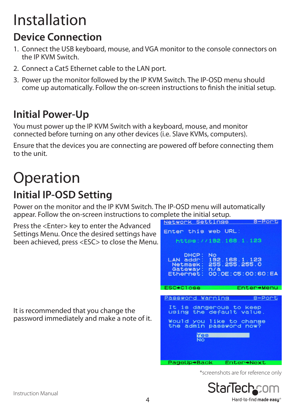 Installation, Operation, Device connection | Initial power-up, Initial ip-osd setting | StarTech.com STARVIEW SV441DUSBI User Manual | Page 9 / 52