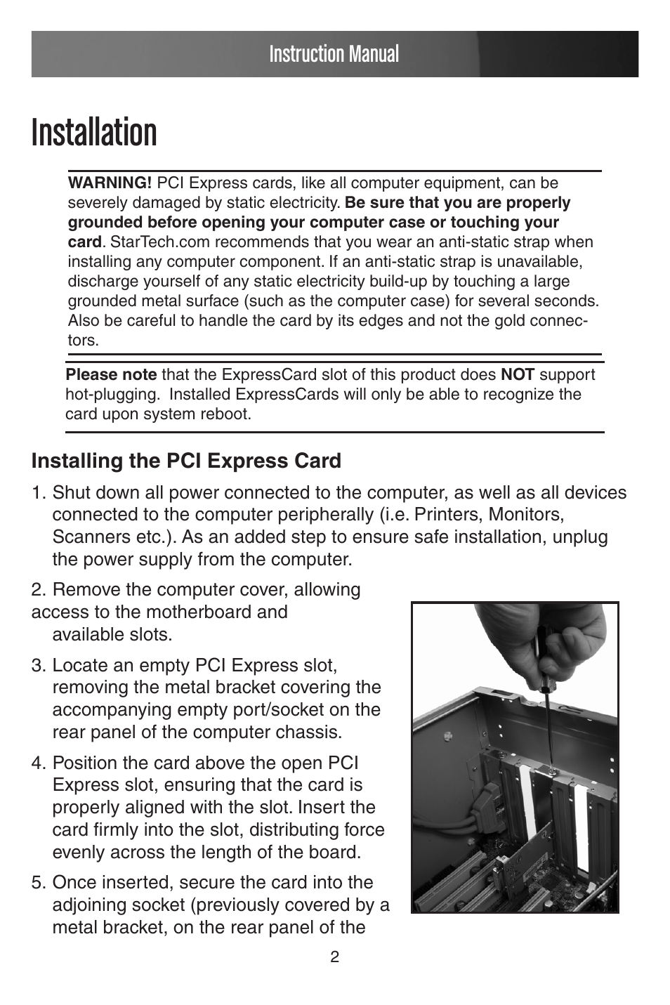 Installation, Instruction manual | StarTech.com PEX2EC35 User Manual | Page 5 / 11