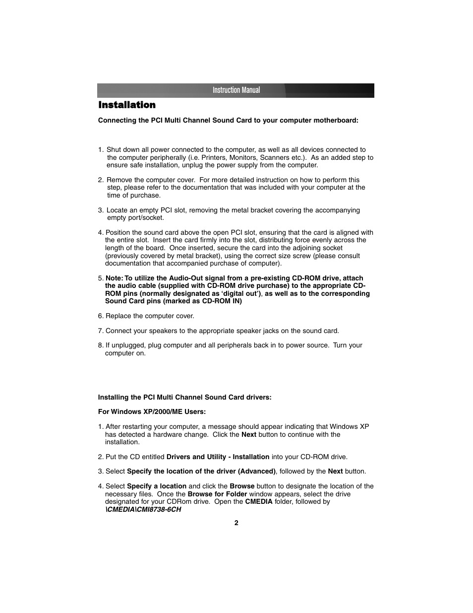 Installation, Instruction manual | StarTech.com PCISOUND5CH User Manual | Page 5 / 10