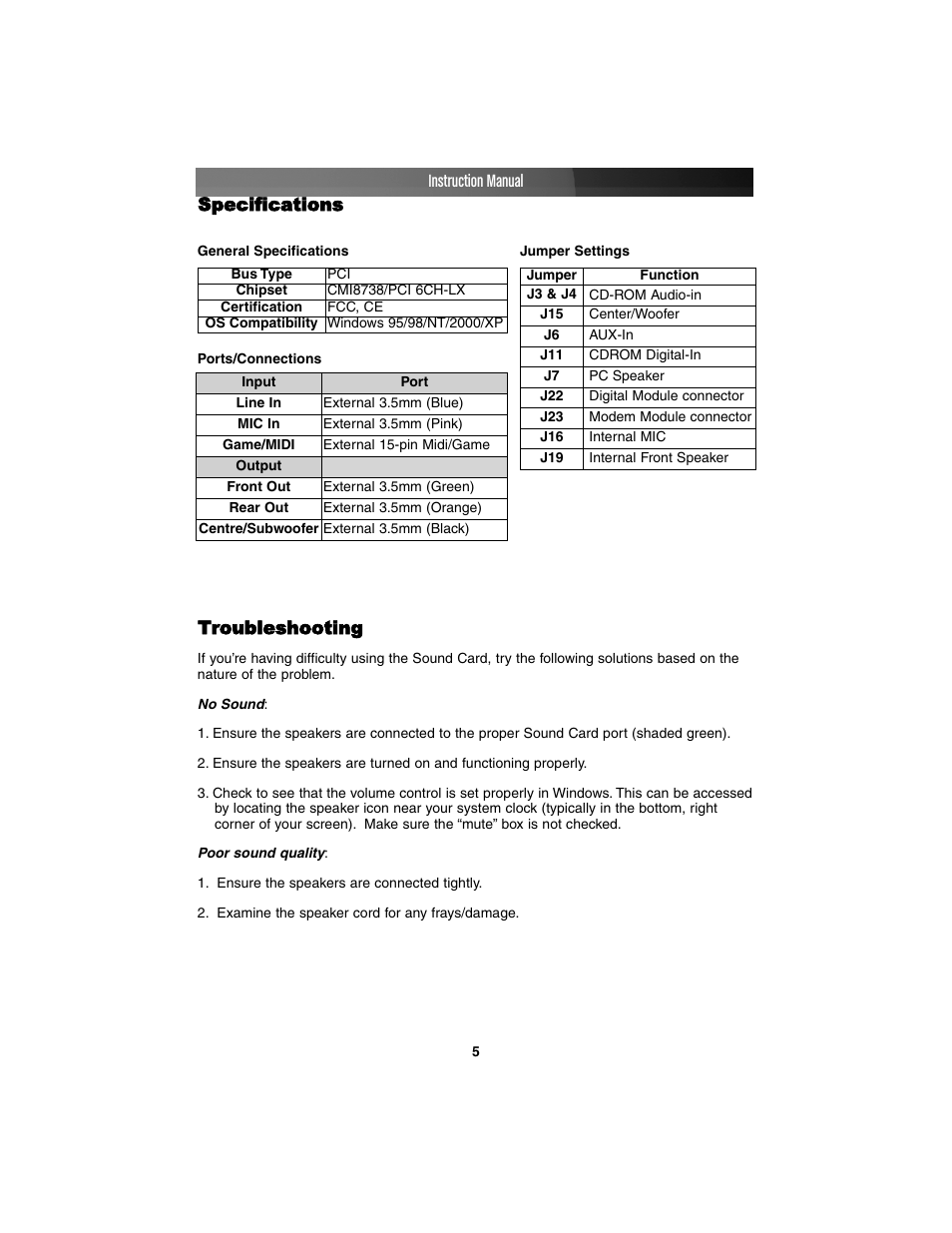 Specifications, Troubleshooting, Instruction manual | StarTech.com PCISOUND5CH User Manual | Page 8 / 10