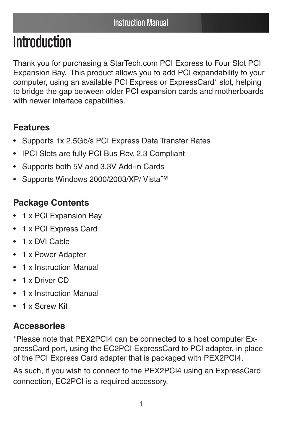 Introduction, Instruction manual | StarTech.com PCI EXPANSION BAY PEX2PCI4 User Manual | Page 4 / 13