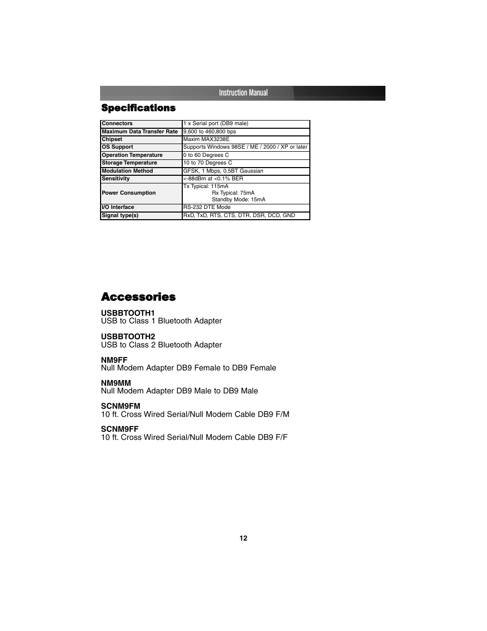 Aac cc ce es ss so orriie es s, Ssp pe ec ciiffiic ca attiio on ns s, Instruction manual | StarTech.com RS-232 User Manual | Page 15 / 17