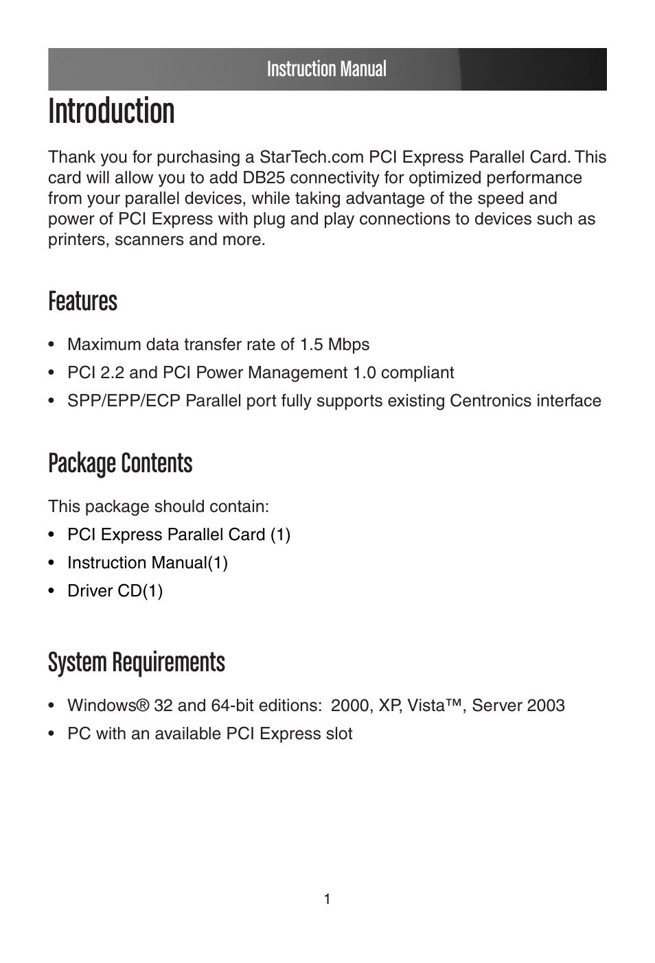 Introduction, Features, Package contents | System requirements, Features package contents system requirements, Instruction manual | StarTech.com PEX1P User Manual | Page 4 / 9