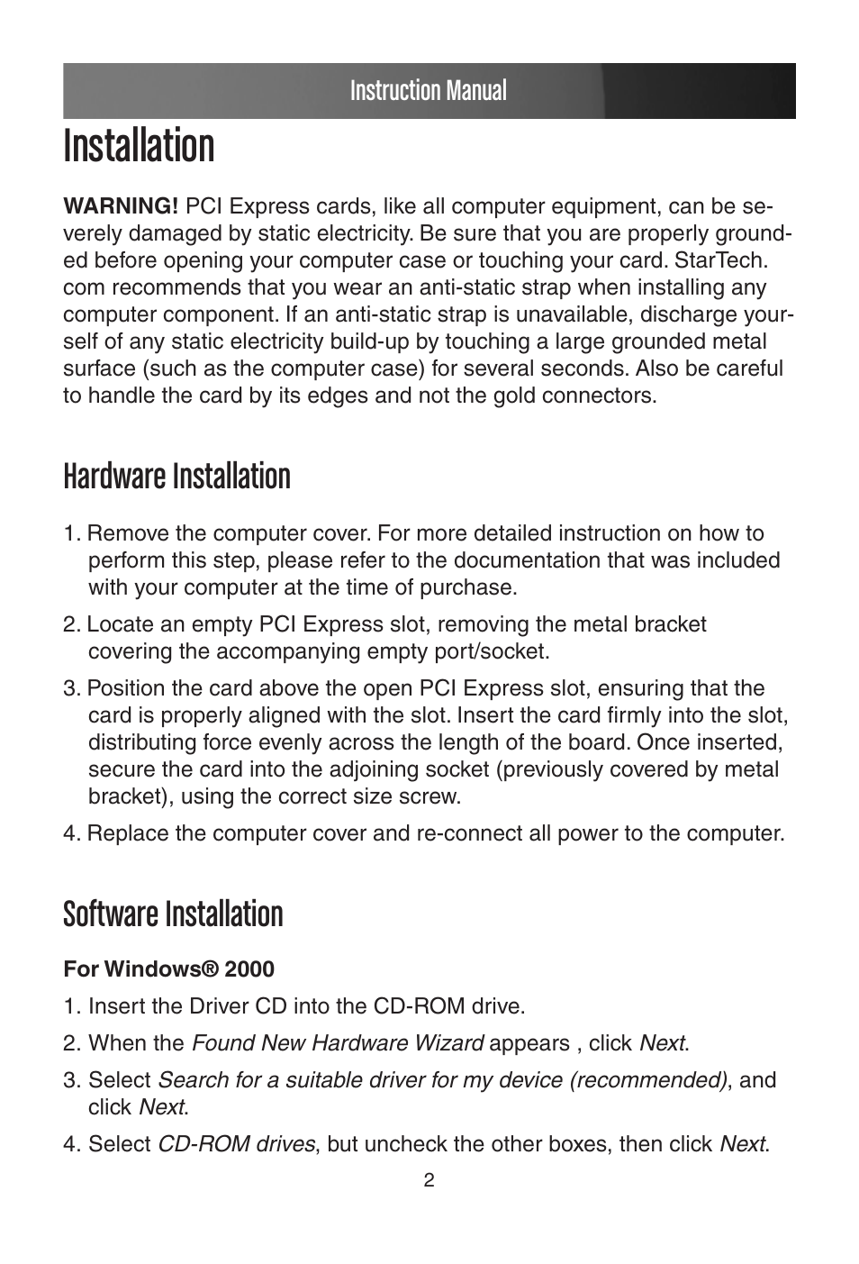 Installation, Hardware installation, Software installation | For windows® 2000, Hardware installation software installation | StarTech.com PEX1P User Manual | Page 5 / 9