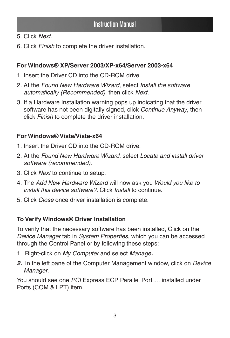 For windows® xp/server 2003/xp-x64/server 2003-x64, For windows® vista/vista-x64, To verify windows® driver installation | Instruction manual | StarTech.com PEX1P User Manual | Page 6 / 9