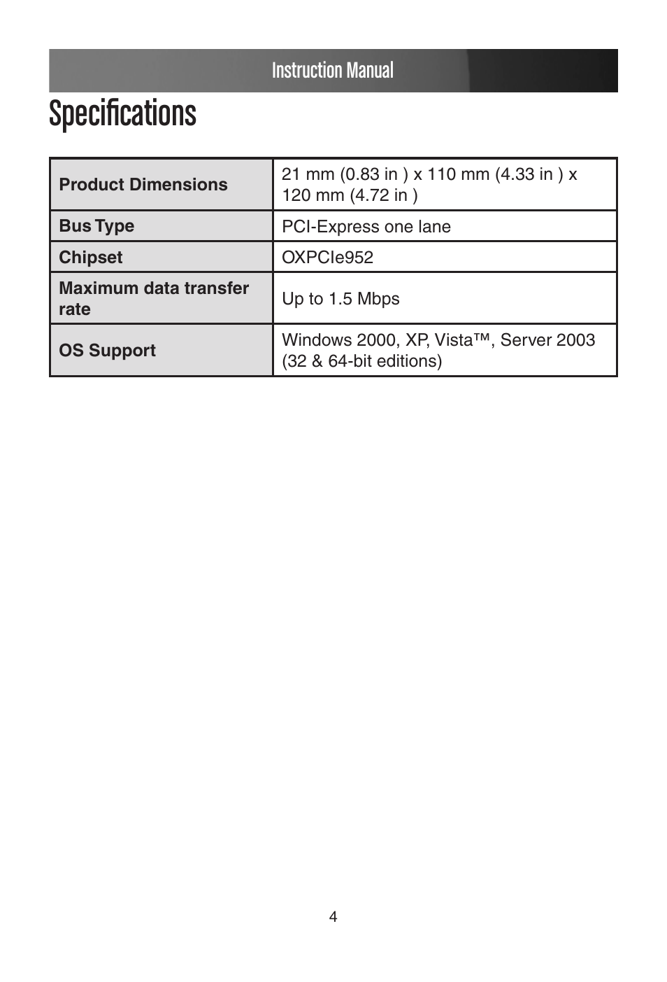 Specifications, Instruction manual | StarTech.com PEX1P User Manual | Page 7 / 9