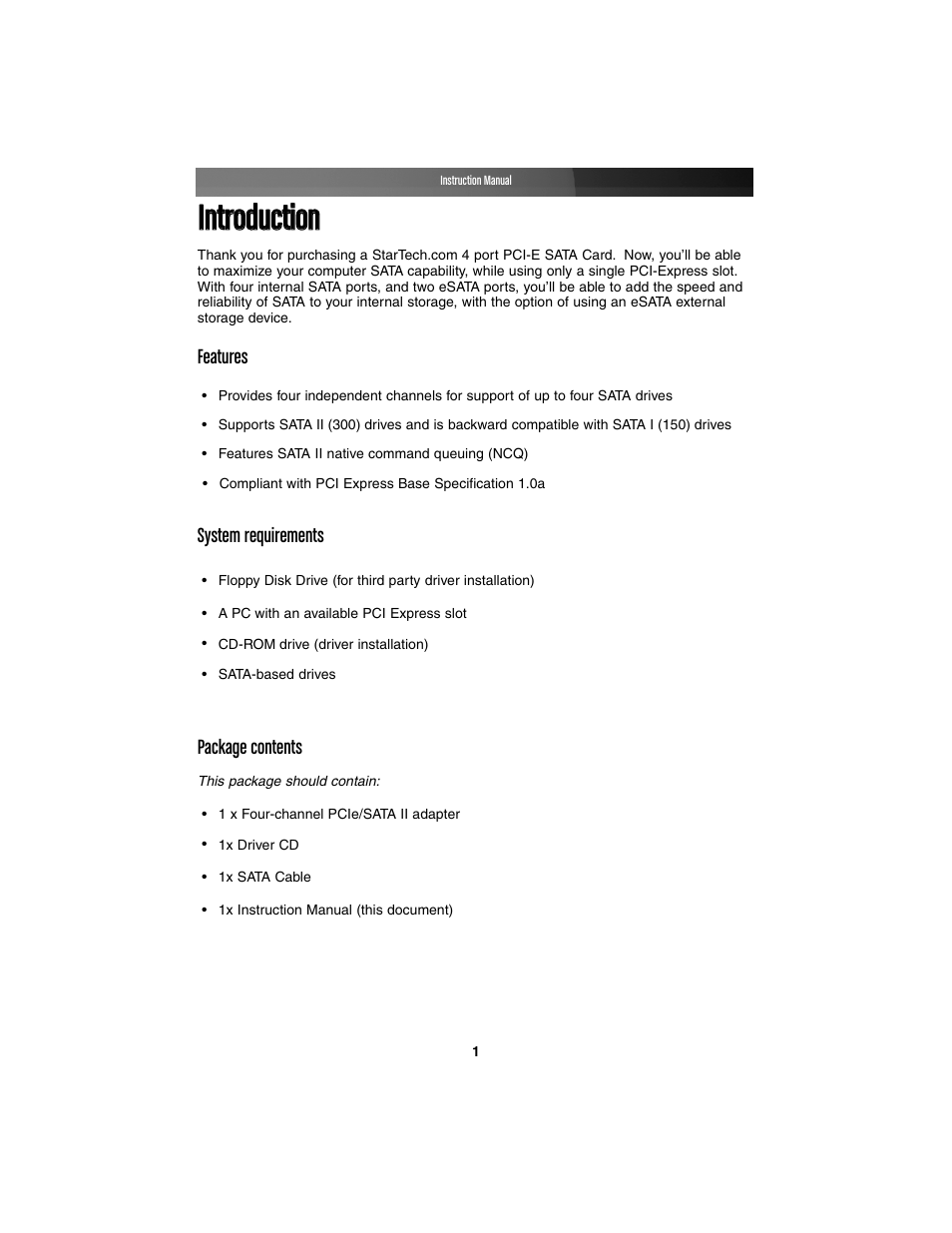 Iinnttrroodduuccttiioonn, Features system requirements package contents | StarTech.com PCI EXPRESS PEXSATA24E User Manual | Page 4 / 11