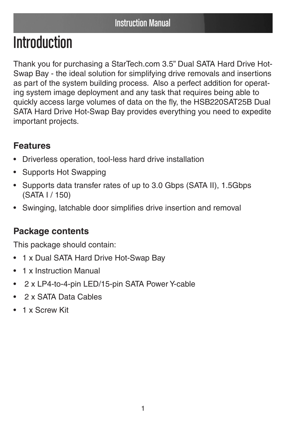 Introduction, Instruction manual | StarTech.com HSB220SAT25B User Manual | Page 4 / 11