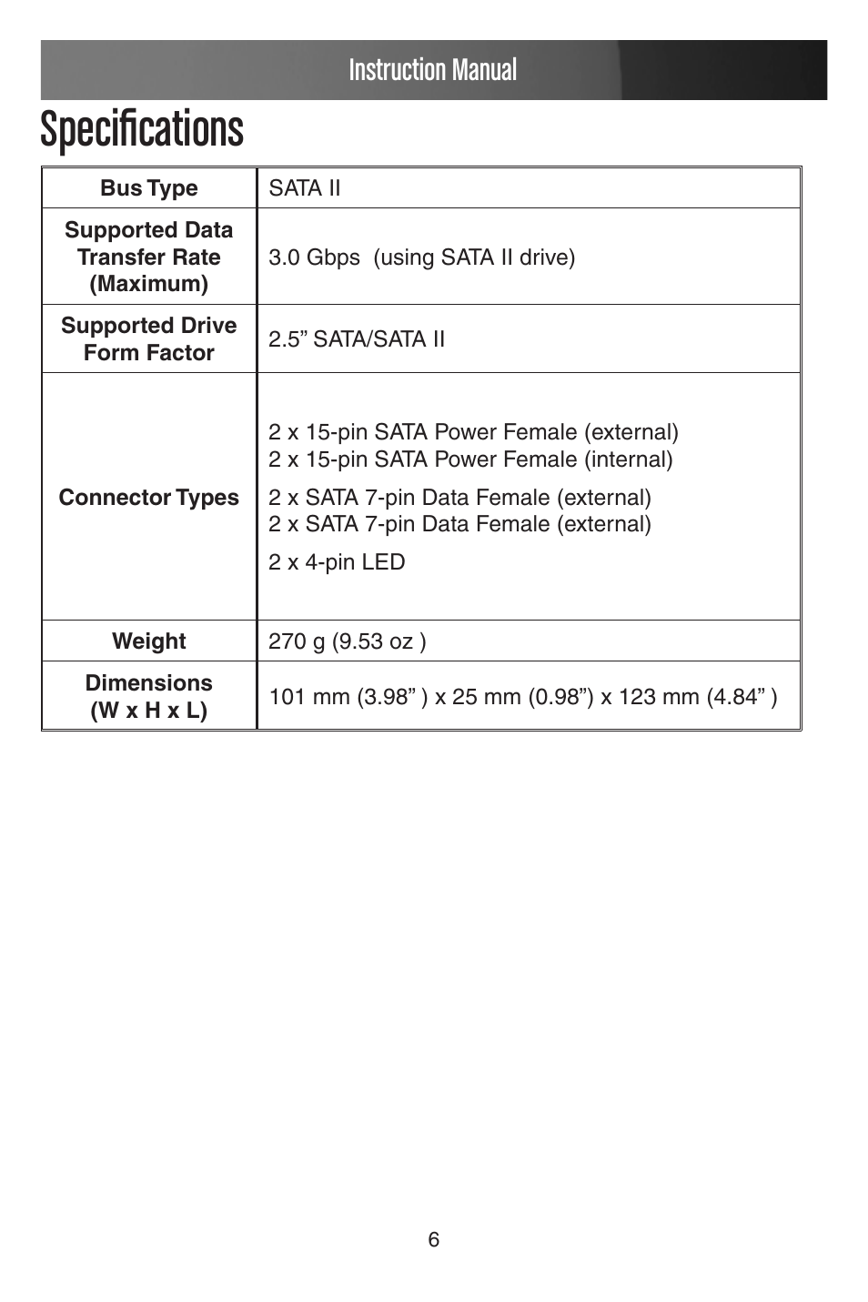 Specifications, Instruction manual | StarTech.com HSB220SAT25B User Manual | Page 9 / 11