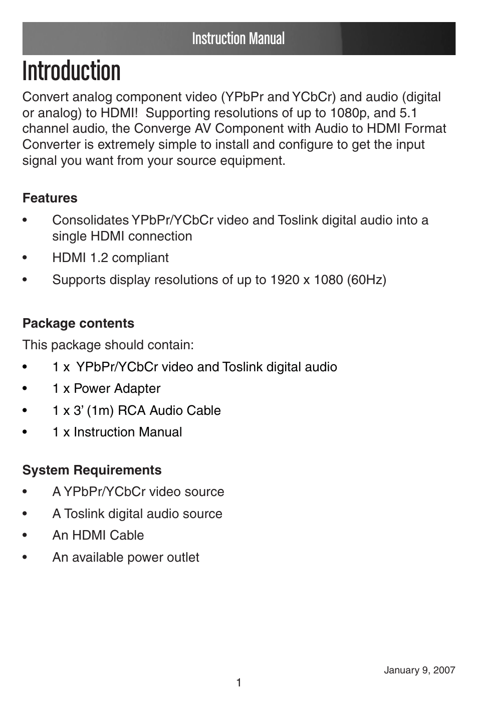 Introduction, Instruction manual | StarTech.com CONVERGEAV CPNTA2HDMI User Manual | Page 4 / 9