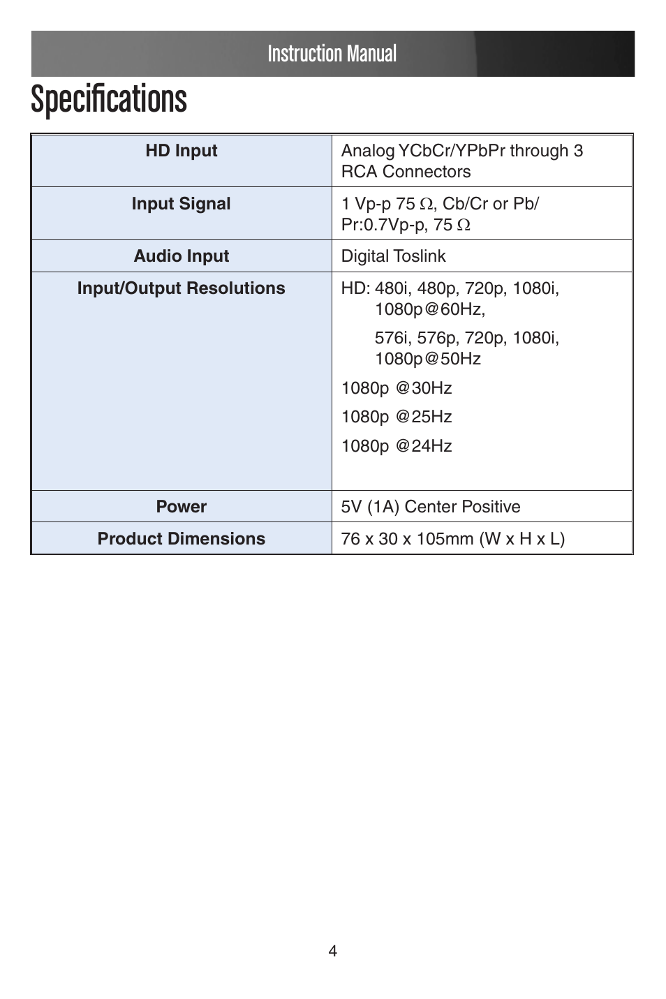 Specifications, Instruction manual | StarTech.com CONVERGEAV CPNTA2HDMI User Manual | Page 7 / 9
