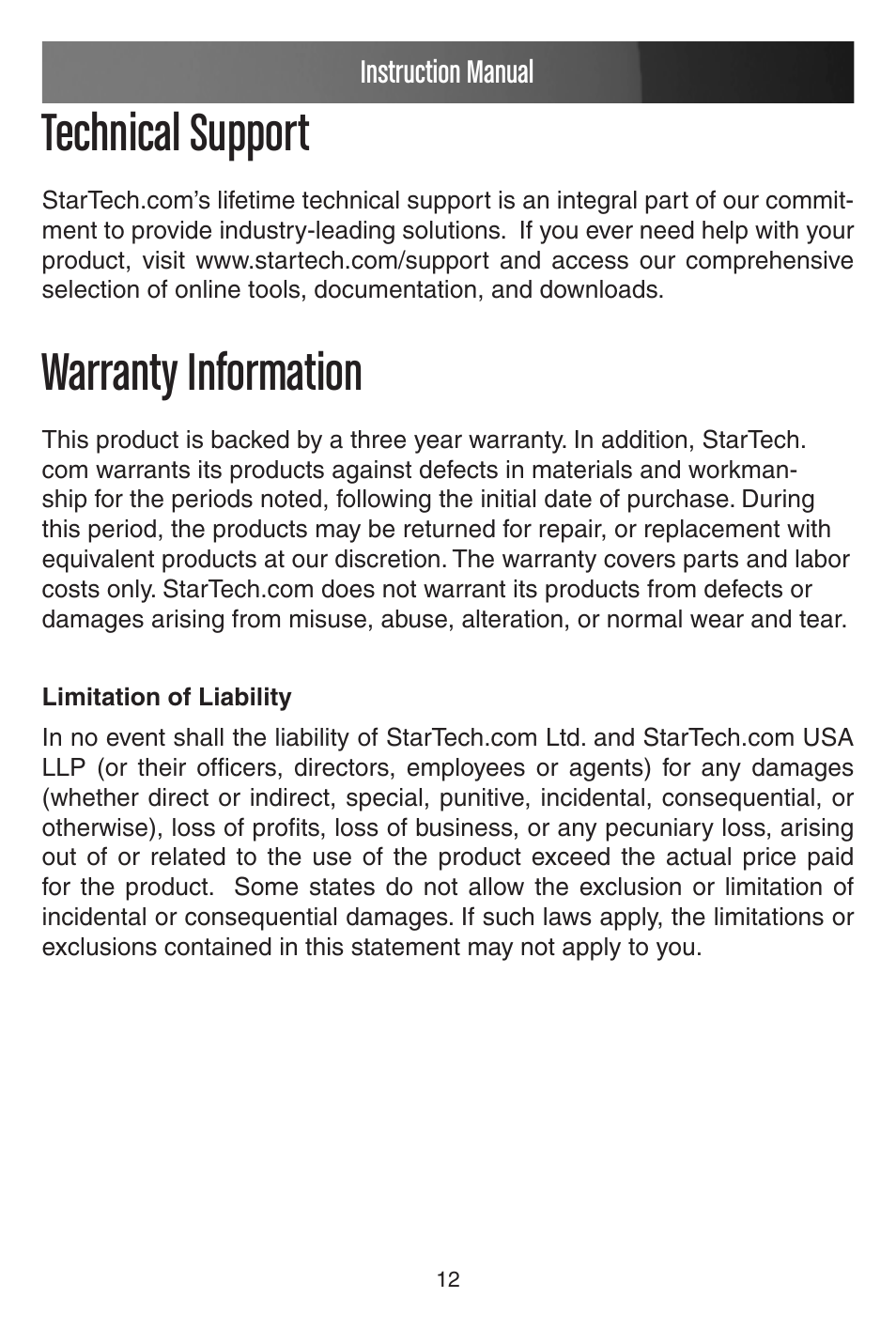 Technical support, Warranty information | StarTech.com STARVIEW SV431DVIUAHR User Manual | Page 15 / 16