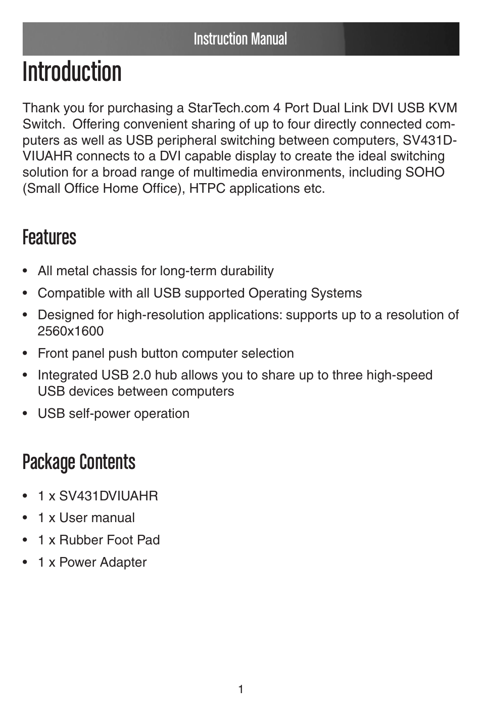 Introduction, Features, Package contents | Instruction manual | StarTech.com STARVIEW SV431DVIUAHR User Manual | Page 4 / 16
