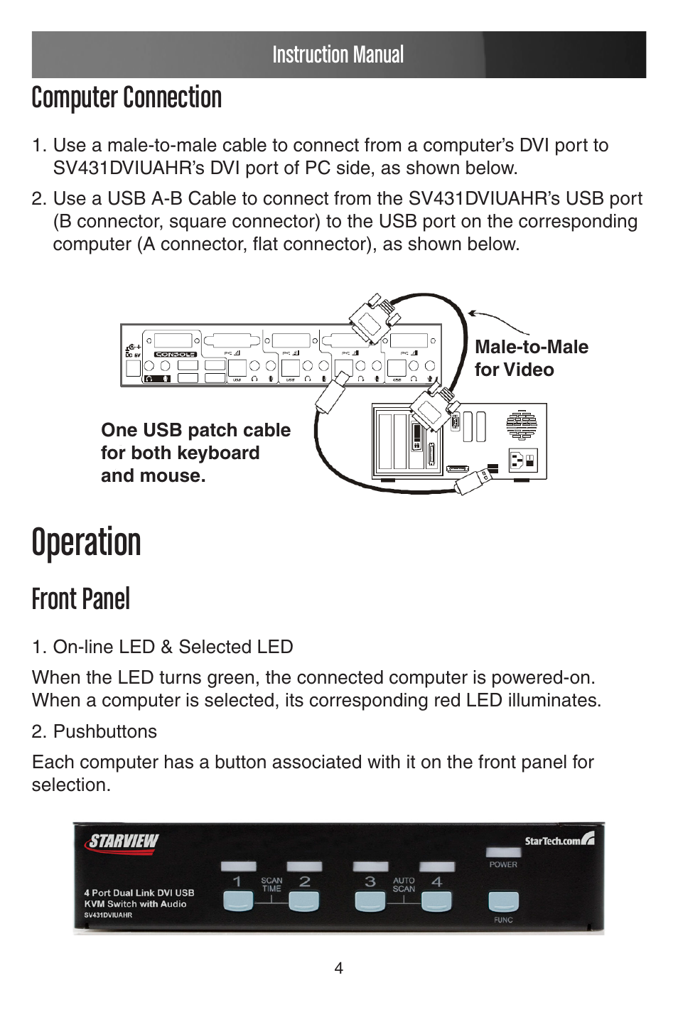 Operation, Computer connection, Front panel | StarTech.com STARVIEW SV431DVIUAHR User Manual | Page 7 / 16