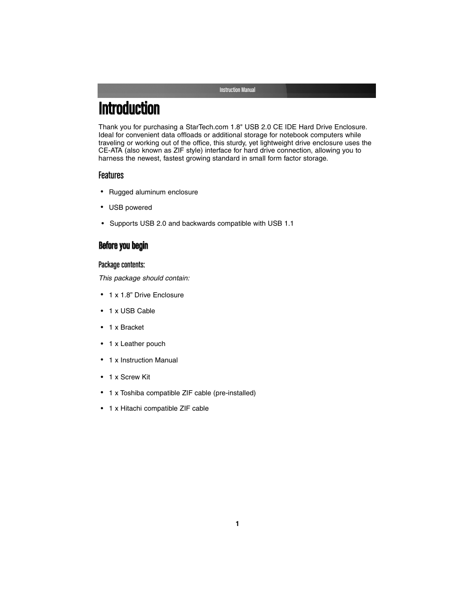 Iinnttrroodduuccttiioonn, Features bbeeffoorree yyoouu bbeeggiinn | StarTech.com CE IDE HARD ENCLOSURE IDE1810U2Z User Manual | Page 4 / 10