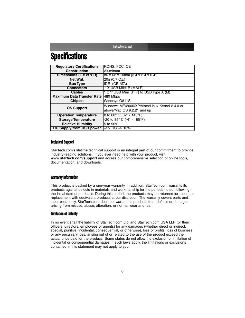 Ssppeecciiffiiccaattiioonnss | StarTech.com CE IDE HARD ENCLOSURE IDE1810U2Z User Manual | Page 9 / 10