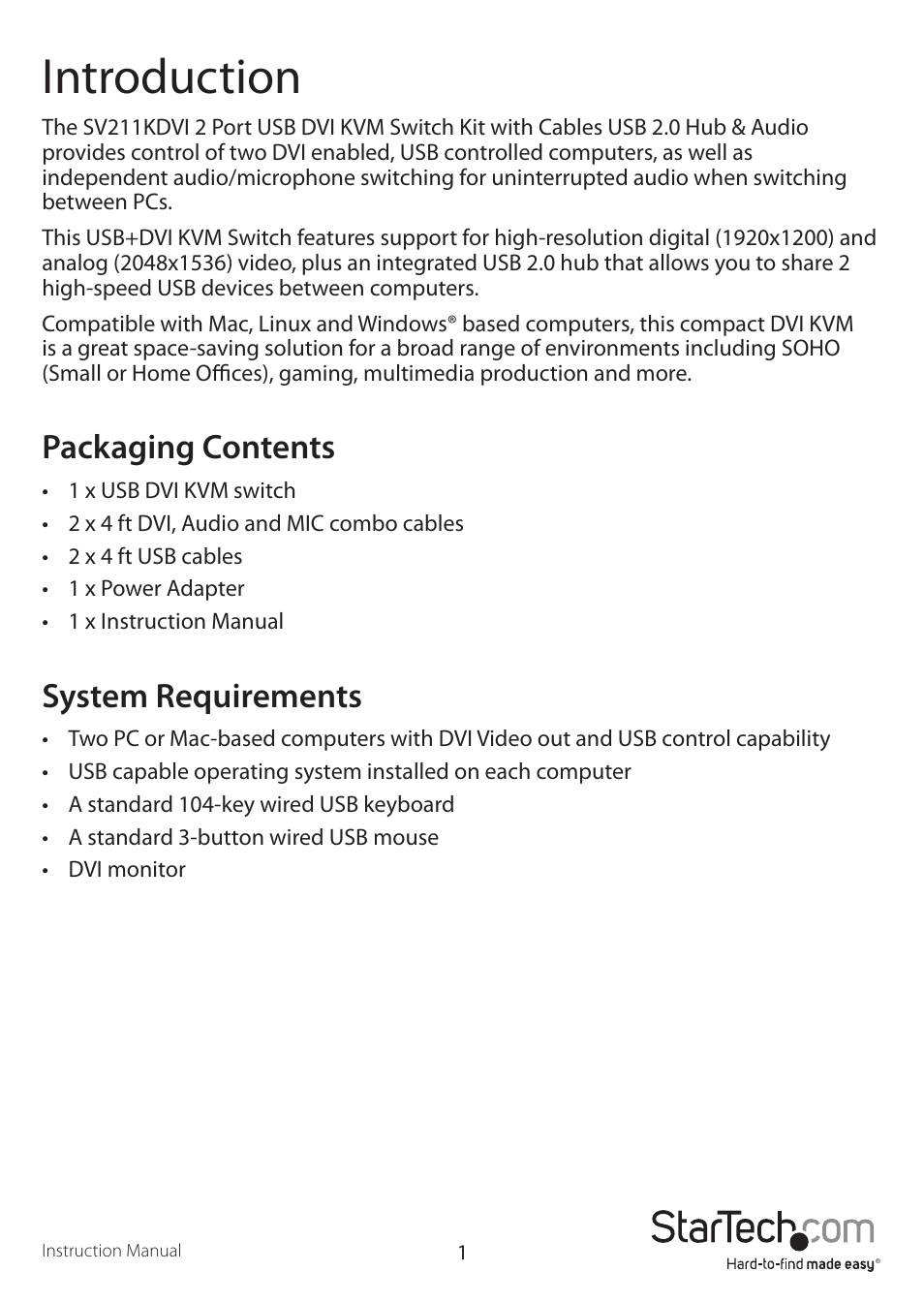 Introduction, Packaging contents, System requirements | StarTech.com SV211KDVI User Manual | Page 4 / 10