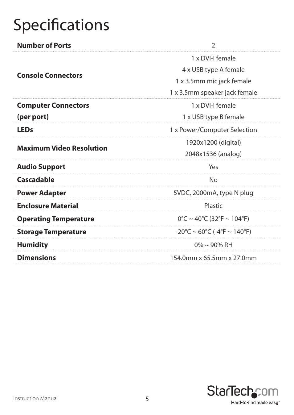 Specifications | StarTech.com SV211KDVI User Manual | Page 8 / 10