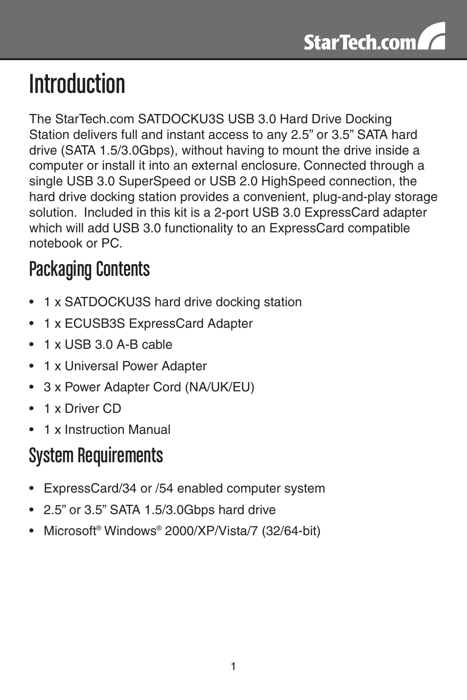 Introduction, Packaging contents, System requirements | StarTech.com SATDOCKU3S User Manual | Page 4 / 15